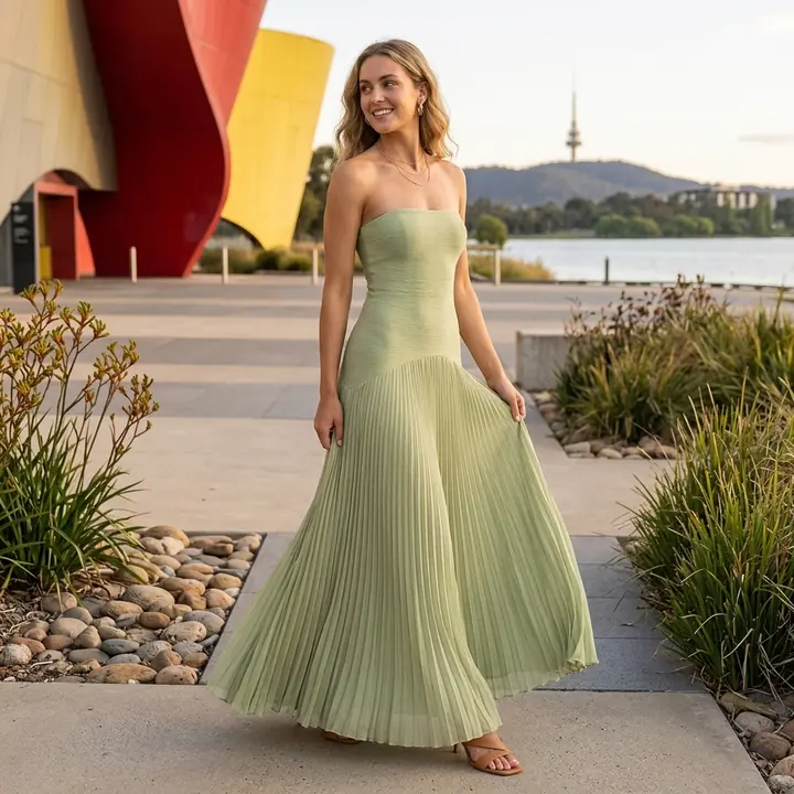 The same sage pleated dress photographed on location outdoors