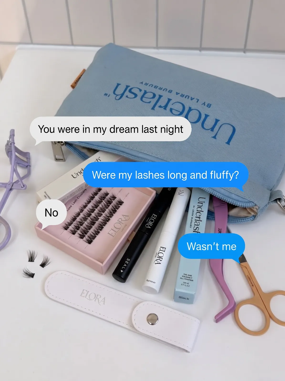 Elora Lashes flat lay with chat-bubble captions, a UGC post by Debbie